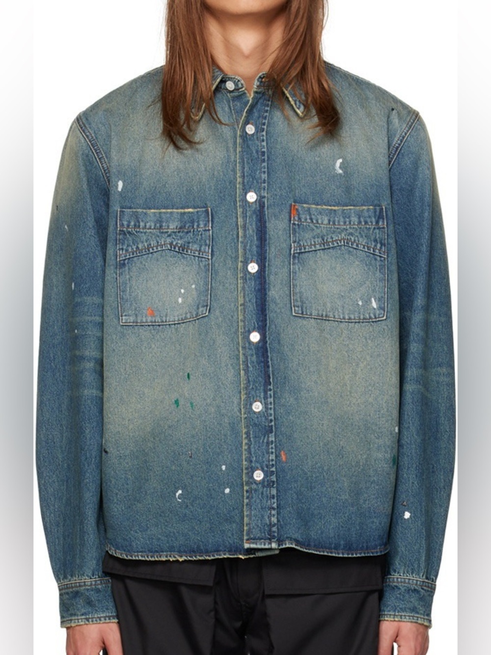 NWT Rhude Indigo Faded Paint-Splatter Denim Shirt Jacket, Size M